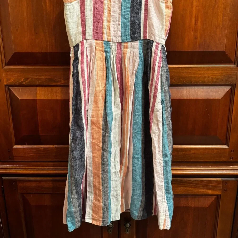 J.Crew 100% Linen Striped Midi Dress Ruffle Strap Button Front No Belt Size 2